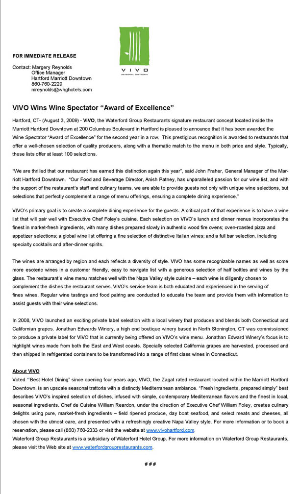Wine Spectator 2009 Vivo Rated Excellent